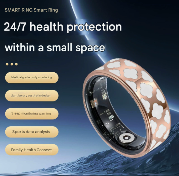 7# Striped Gold Smart Health Ring Tracker with Wireless Charging Case - Titanium Steel Fitness Wearable for Heart Rate, Sleep & Blood Oxygen Monitoring - Waterproof Wellness Device