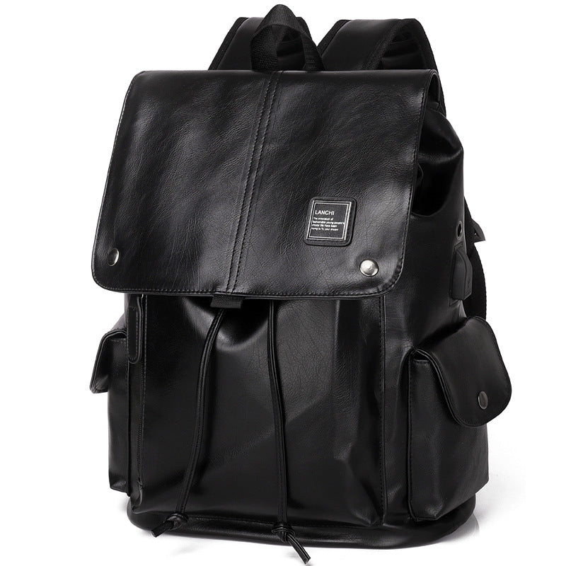 Black Men's Fashion PU Leather Backpack - Large Capacity 42cm Laptop Rucksack for University, Travel and Casual Business Use