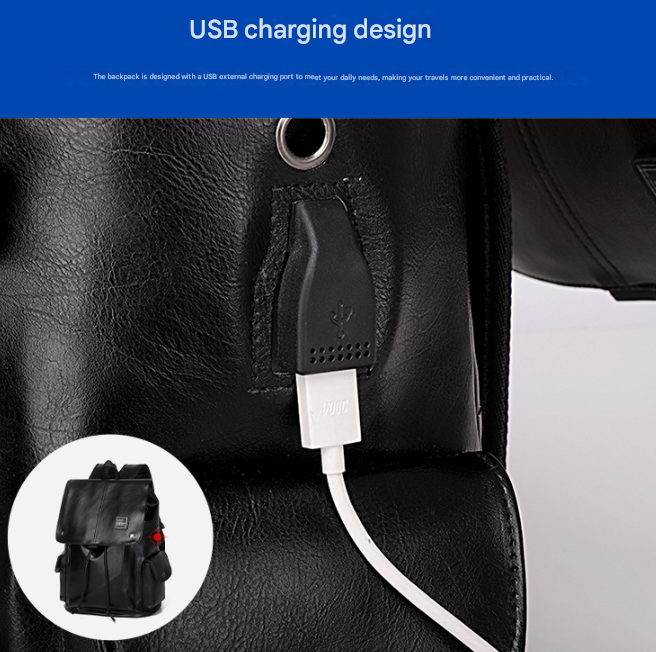 Black Men's Fashion PU Leather Backpack - Large Capacity 42cm Laptop Rucksack for University, Travel and Casual Business Use