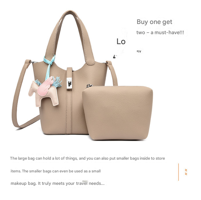 Black Women's Small PU Leather Bucket Bag with Secure Lock and Horse Charm - 20cm Compact Crossbody Handbag for Everyday Use