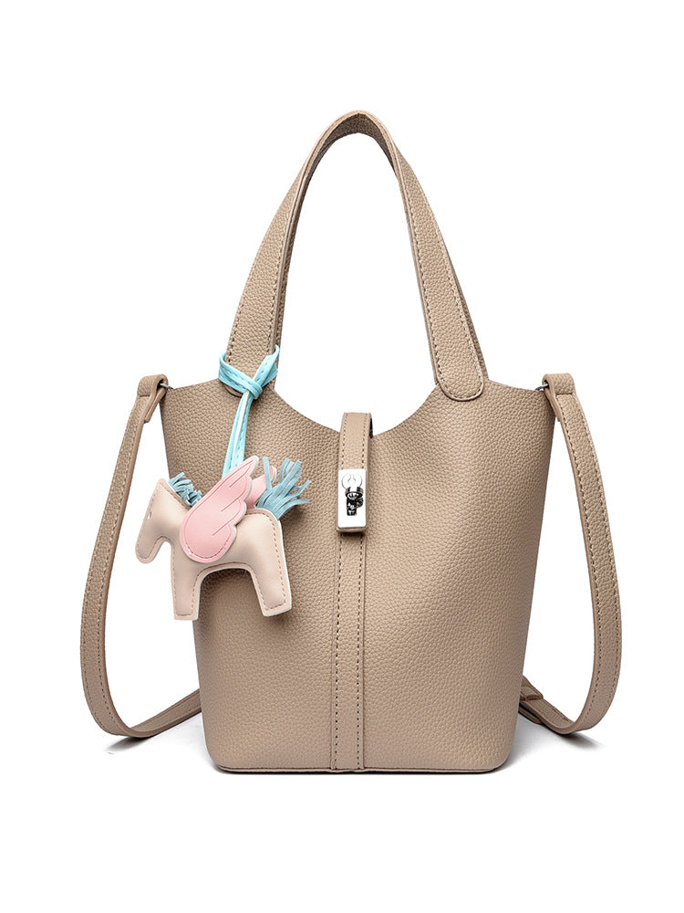 Khaki Women's Small PU Leather Bucket Bag with Secure Lock and Horse Charm - 20cm Compact Crossbody Handbag for Everyday Use