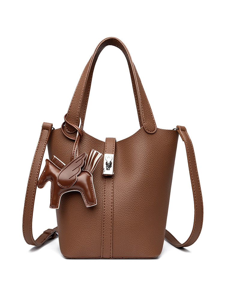 Brown Women's Small PU Leather Bucket Bag with Secure Lock and Horse Charm - 20cm Compact Crossbody Handbag for Everyday Use