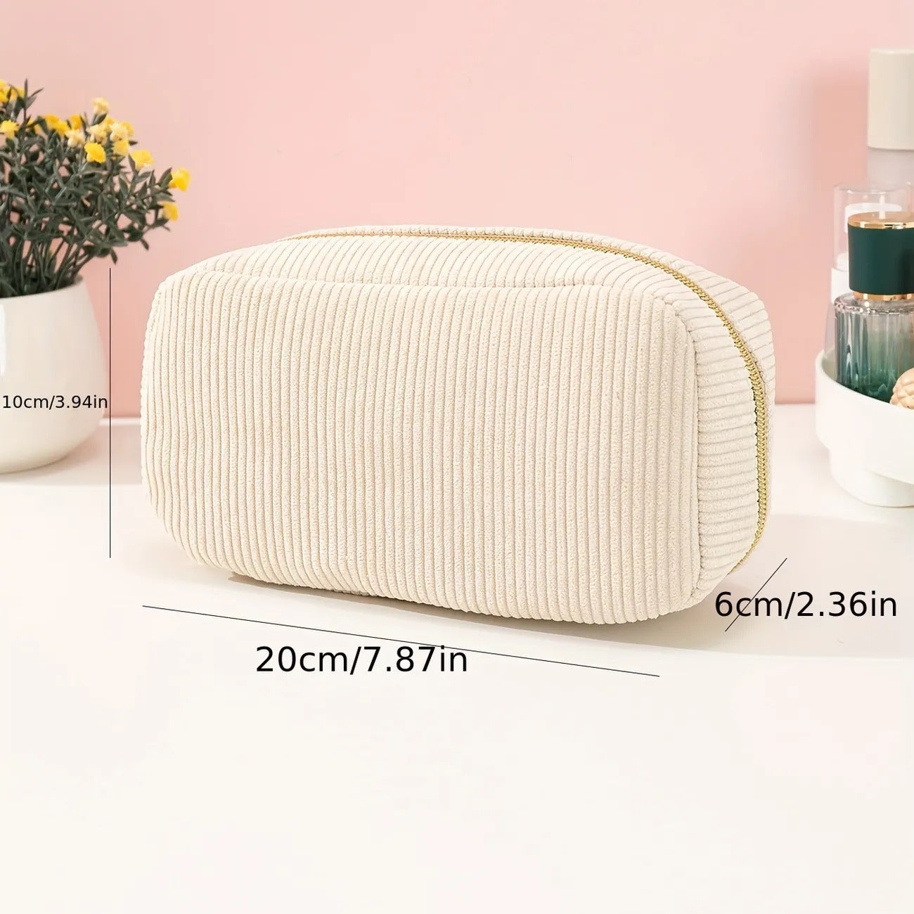 Pink Corduroy Cosmetic Bag Large Capacity 20cm Makeup Pouch for Lipstick Jewelry and Keys - Soft Portable Travel Toiletry Organiser