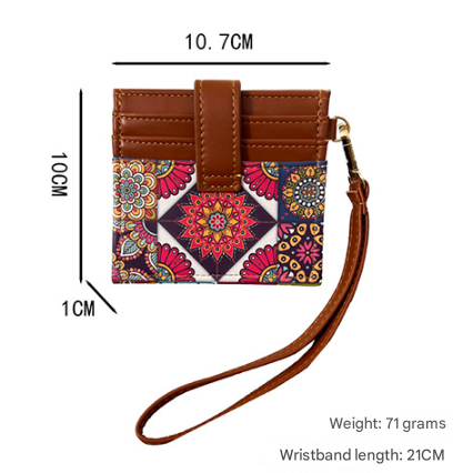 Blue Colorful Ethnic Mandala Pattern PU Leather Mini Card Holder with Wrist Strap and Buckle - Slim High-End Multi-Slot Card Sleeve for Daily Use