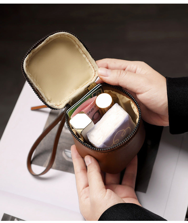 Brown 2 Pack Mini PU Leather Cube Cosmetic Bag - Portable Travel Pouch for Lipstick, Coins and Jewelry - Compact Storage with Wrist Strap 8x7.5cm