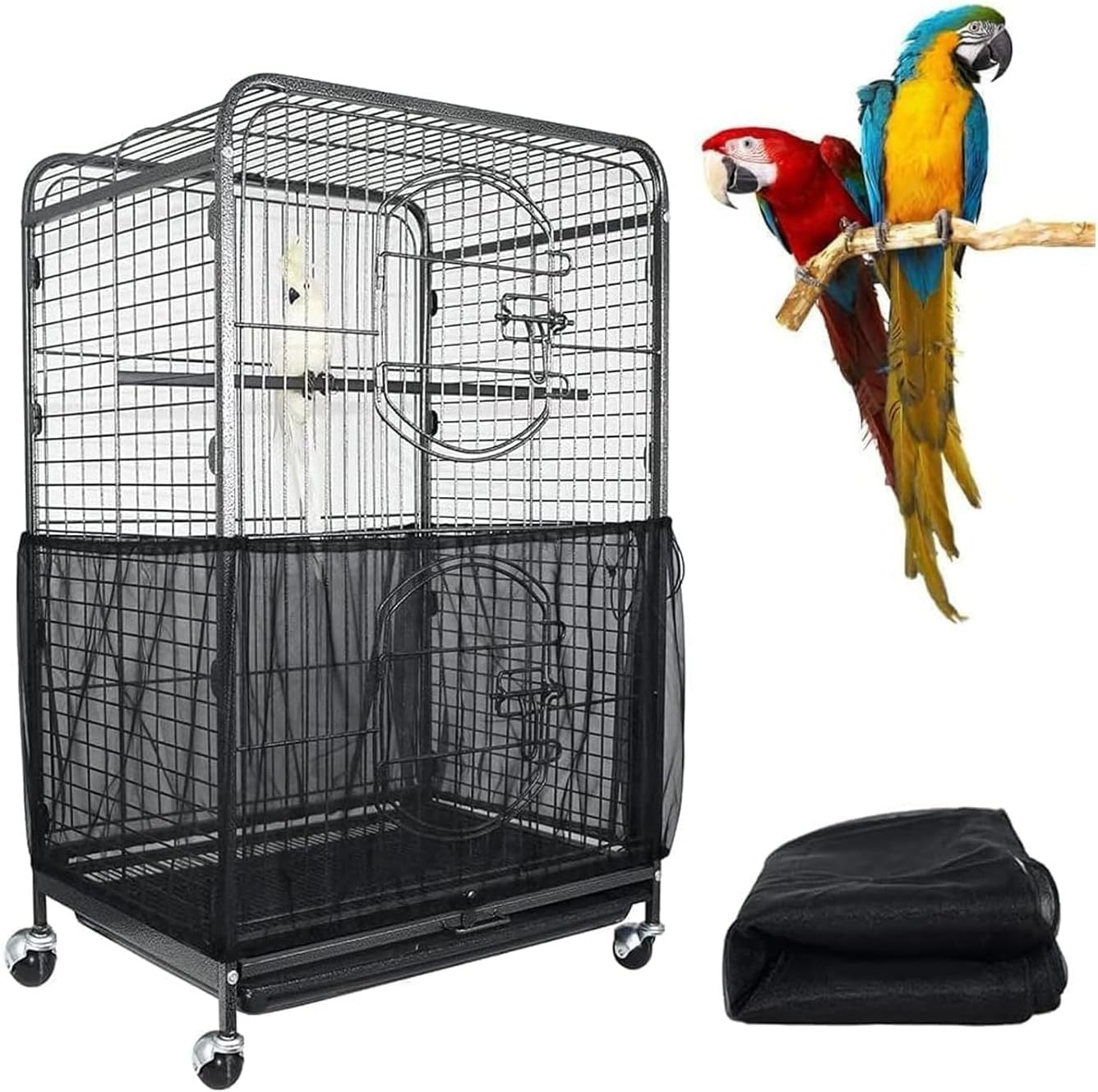S Black【Height 17, Circumference 110】 Large Bird Cage Seed Catcher Net Cover - Adjustable Mesh Guard Splash-Proof Dust Cover for Indoor Outdoor Cages