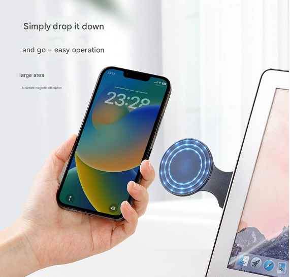 Black Magnetic Laptop Phone Holder Side Mount Expansion Bracket Slim 6mm Foldable Stand with Metal Ring for Dual Screen Work Office Setup