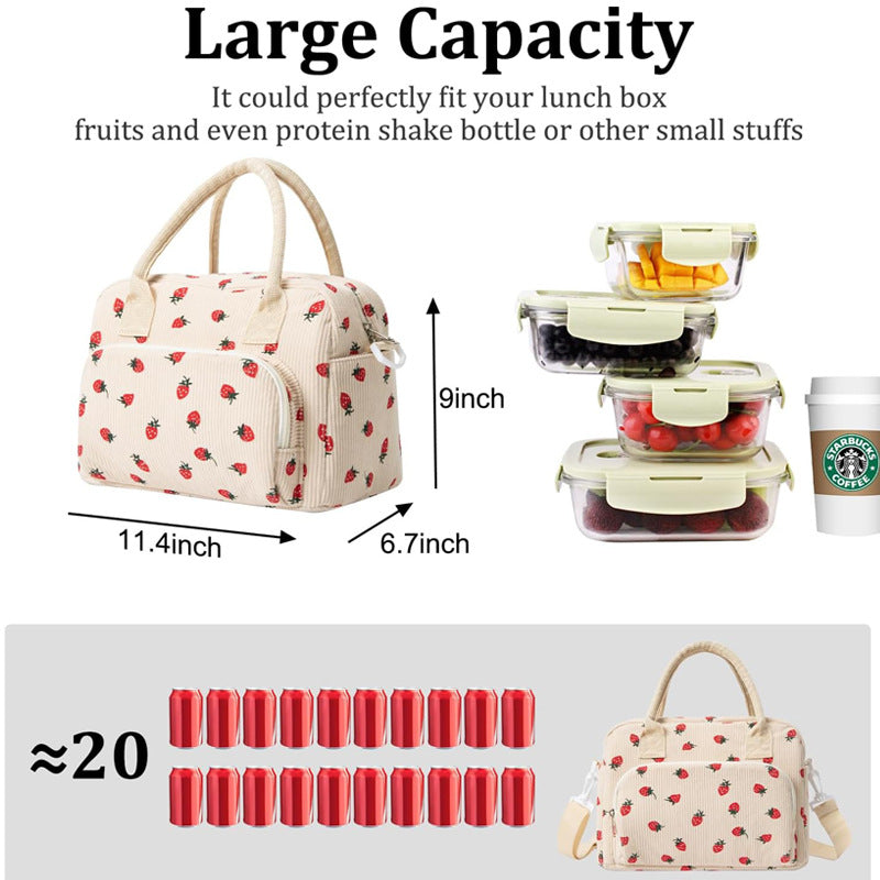 Pink Women's Large Corduroy Lunch Bag Insulated Thermal Tote Strawberry Print with Shoulder Strap for Work School & Picnics