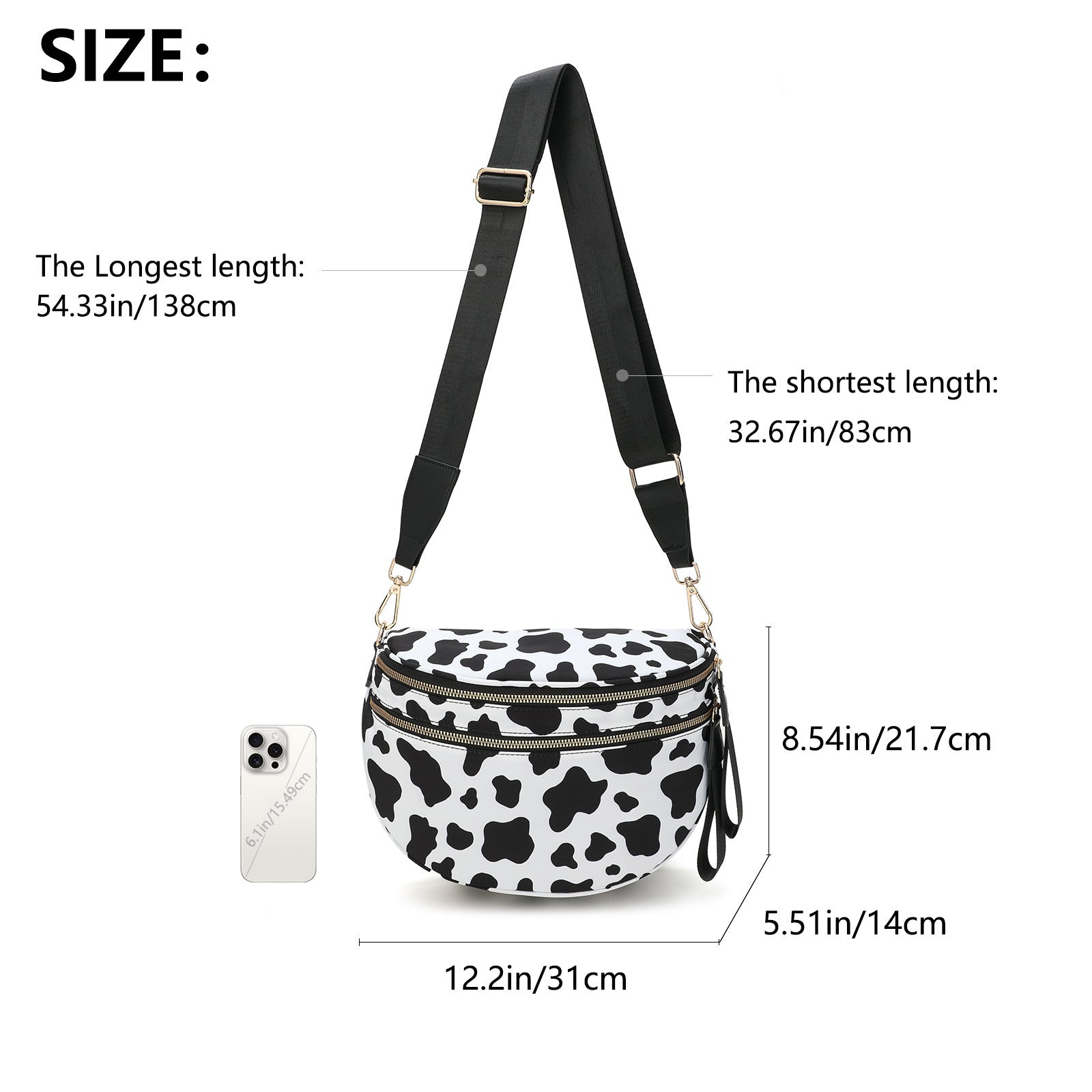 Black-and-white Checkered Pattern Women's Large Crescent Crossbody Bag Lightweight Oxford Cloth Shoulder Sling Purse Adjustable Strap for Travel Gym & Daily Use