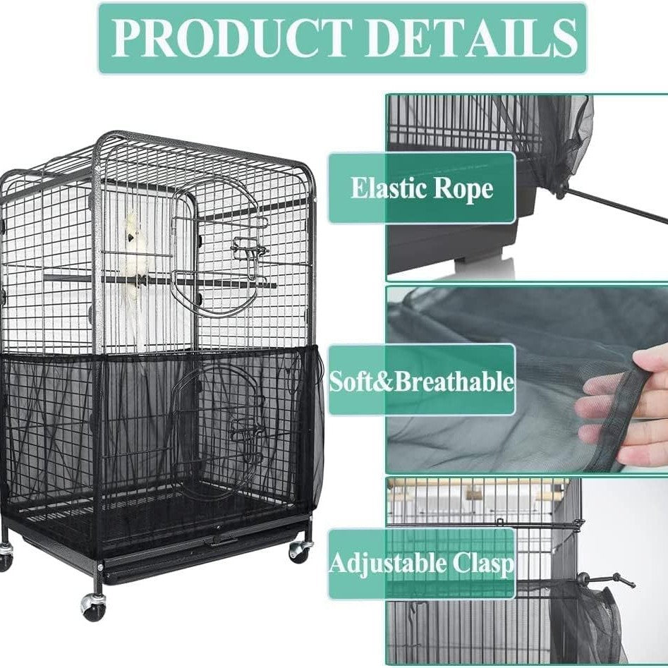 XL White【Height 37, Circumference 220】 Large Bird Cage Seed Catcher Net Cover - Adjustable Mesh Guard Splash-Proof Dust Cover for Indoor Outdoor Cages