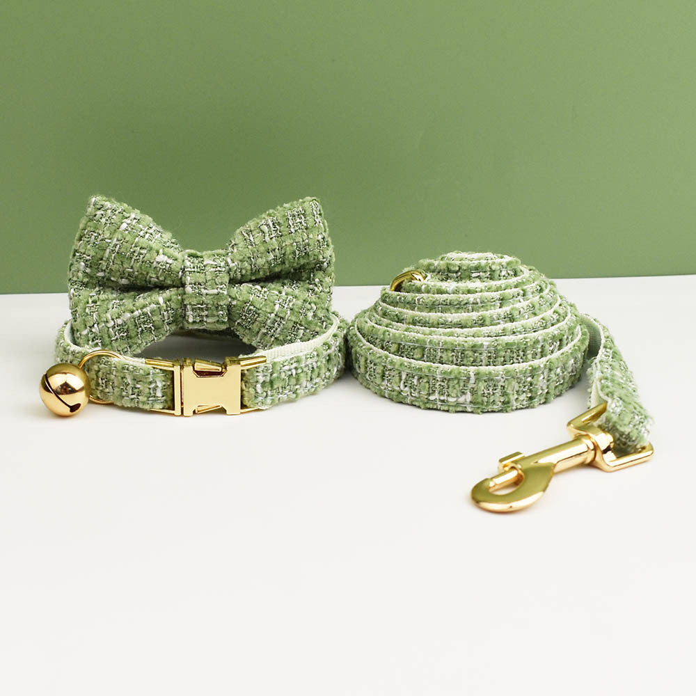 L Green 3 Piece Luxury Tweed Cat Collar and Leash Set with Removable Bow Tie & Bell Adjustable Neck Strap for Kittens Small Dogs Elegant Walking Gear