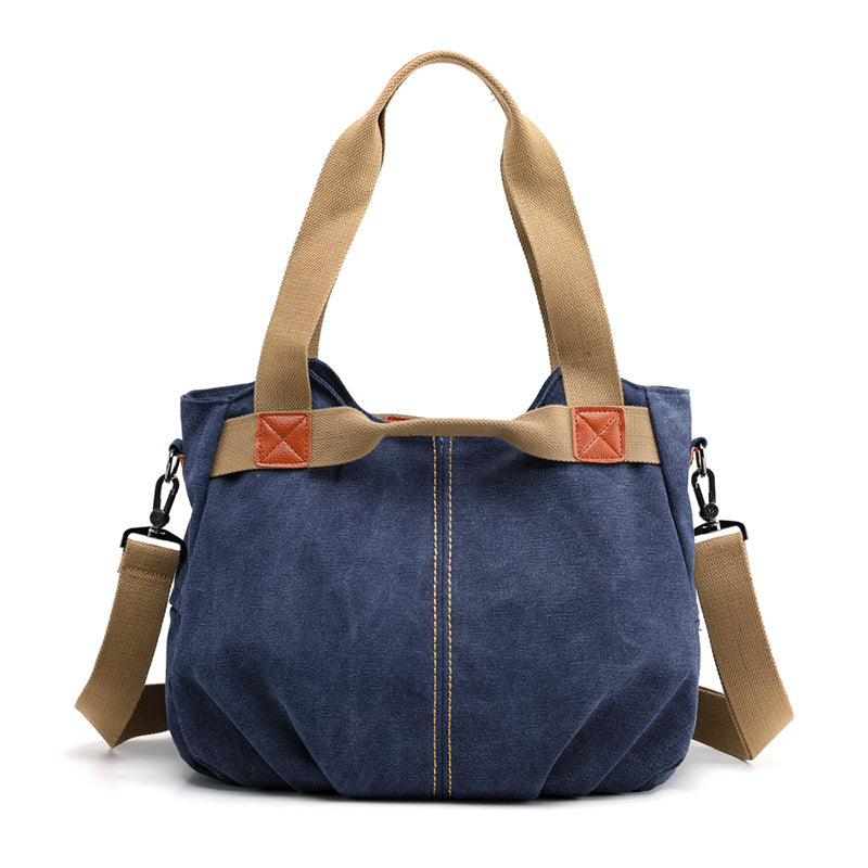 Dark Blue Women's Retro Canvas Tote Bag Large Capacity Shoulder Handbag Adjustable Crossbody Strap 35cm for Travel Work & Daily Use