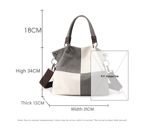 Blue Women's Canvas Patchwork Tote Bag Large Capacity Shoulder Handbag Fits A4 Magazine Adjustable Crossbody Strap 34cm for Work & School