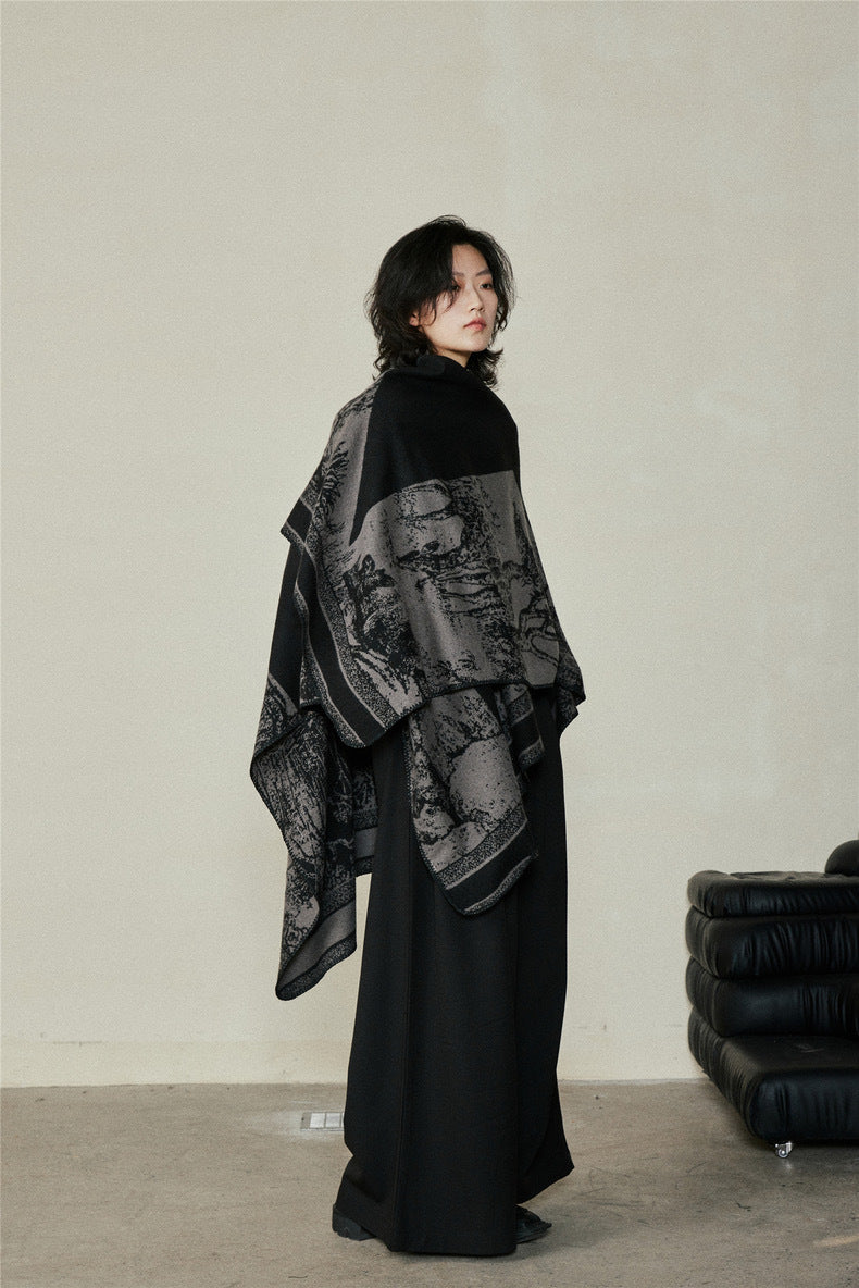 Faux Cashmere Shawl (Qingming Scroll Print) - Black Red, 160*135cm