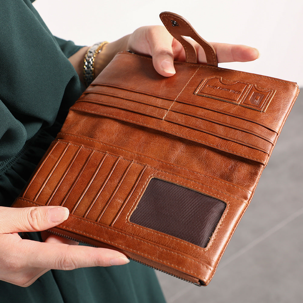 Purple Brown Premium Leather Long Wallet Clutch Organizer 19x10x3cm - 15 Card Slots