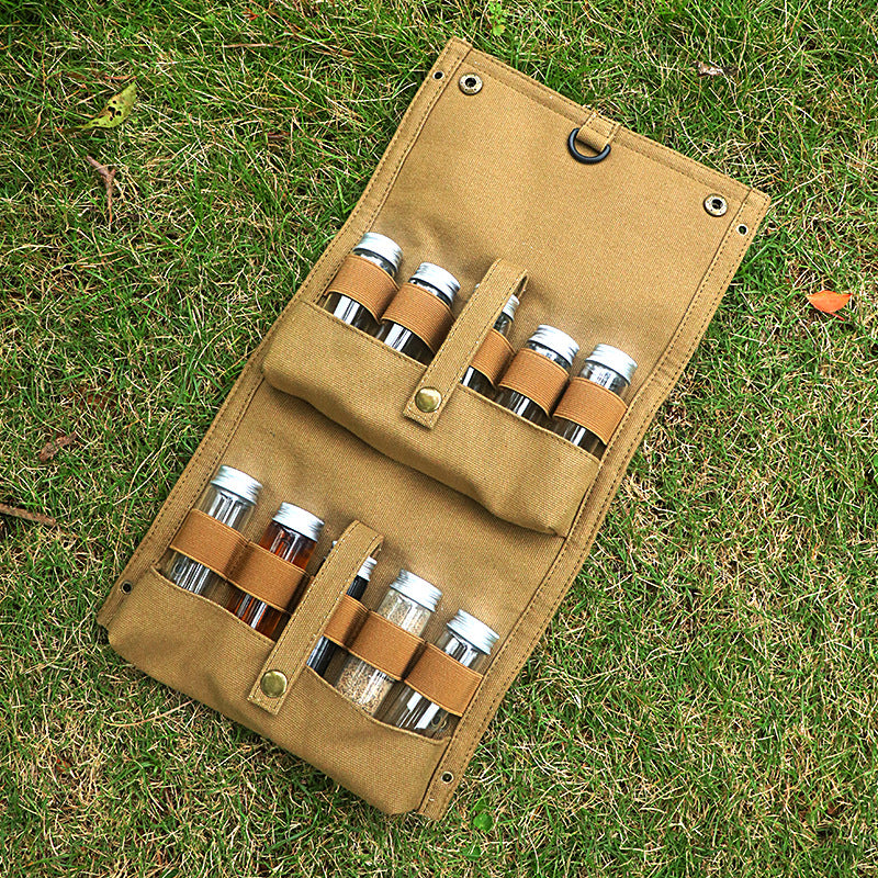 Black canvas spice storage box (9.1 x 4.7 x 2.8 inches) With 10 bottles