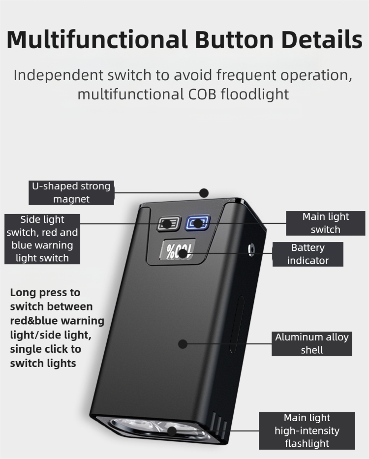 Black Magnetic Flashlight: Spotlight, COB Flood, Red&Blue Warning