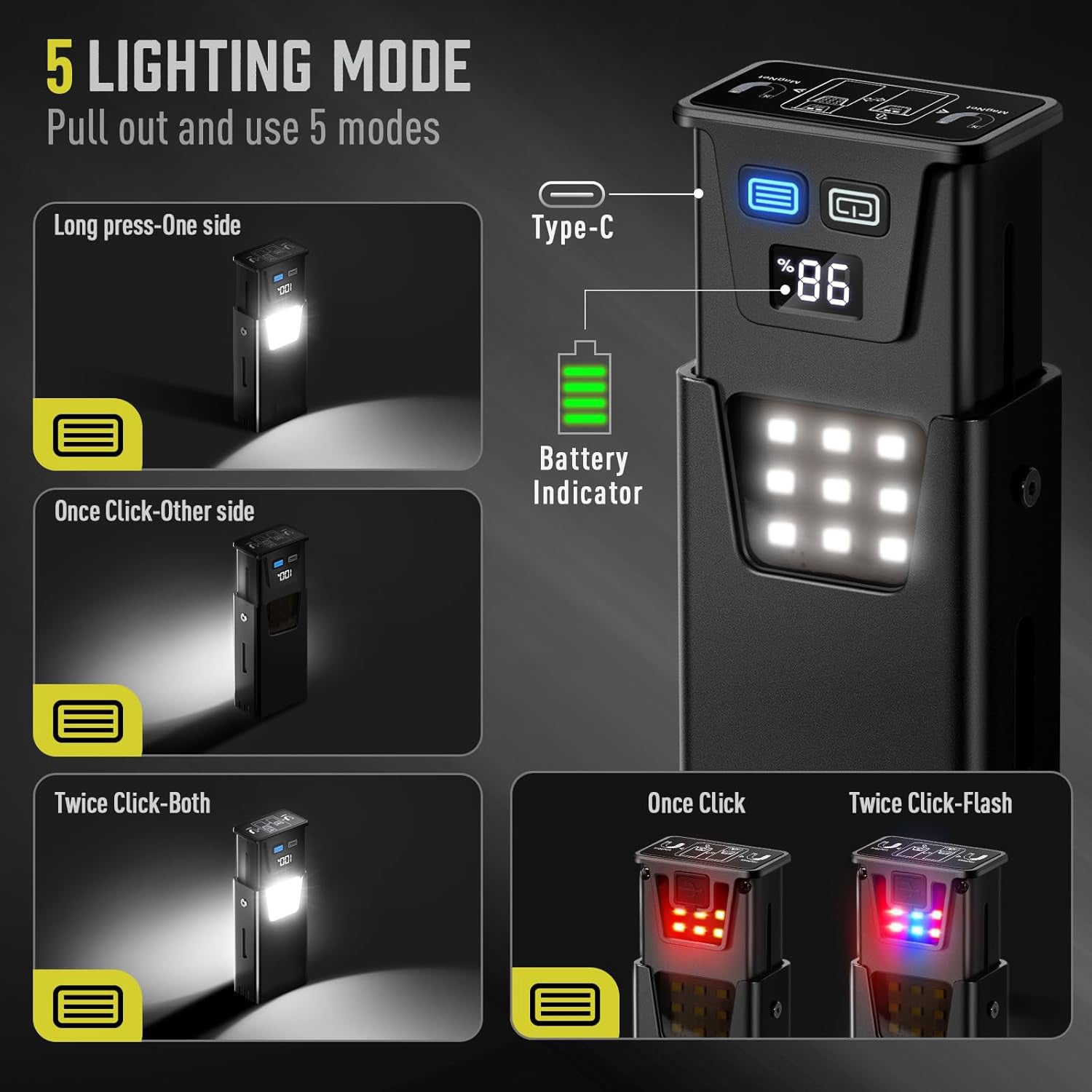 Pink-Blue Magnetic Flashlight: Spotlight, COB Flood, Red&Blue Warning