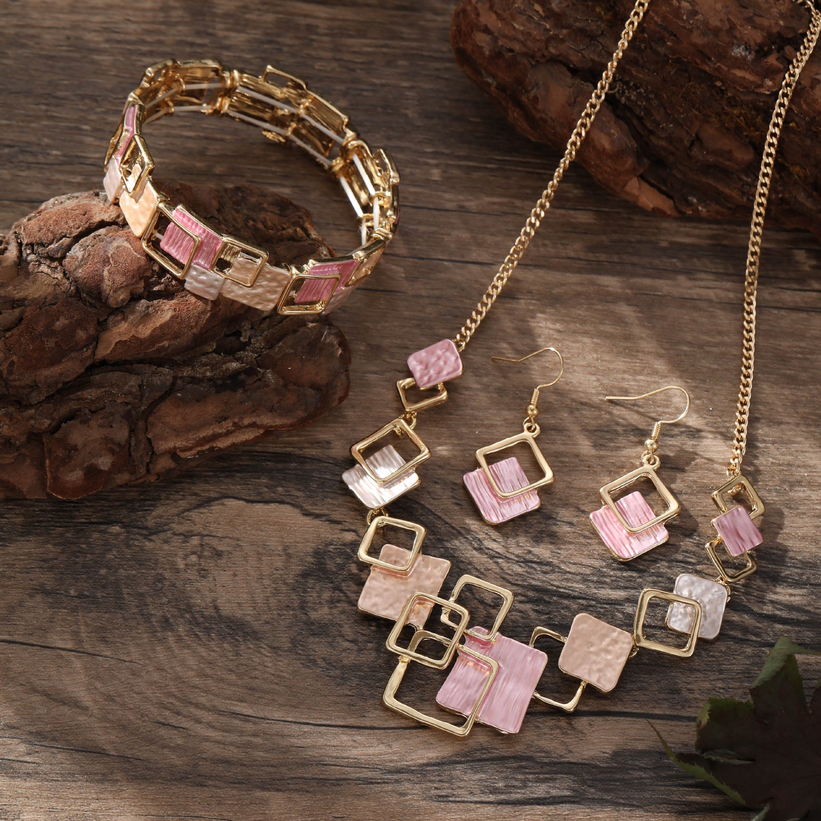 Geometric Inlay Earrings Necklace Bracelet Jewelry Set × 2 – Light Green & Pink
