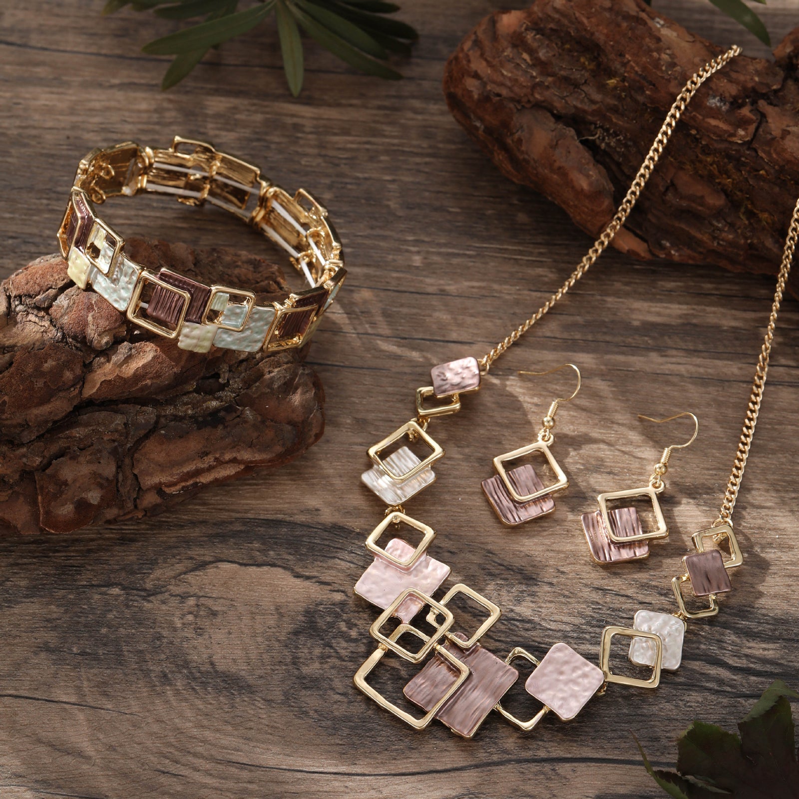Geometric Inlay Earrings Necklace Bracelet Jewelry Set × 2 – Brown & Pink