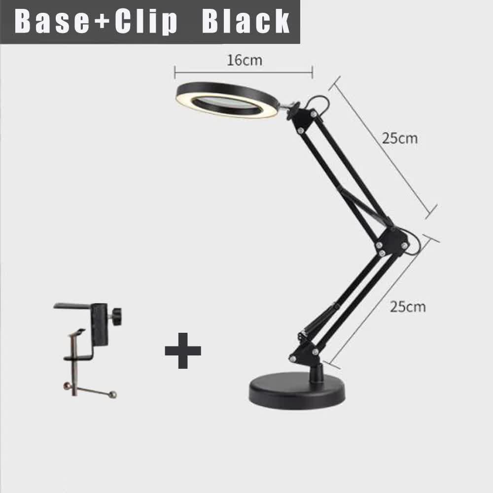 2-in-1 Black LED Magnifier Desk Lamp With Base and Clip - Hands-Free, Dimmable 3-Color Light for Crafts & Workbench
