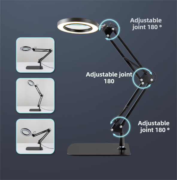 2-in-1 Black LED Magnifier Desk Lamp With Base and Clip - Hands-Free, Dimmable 3-Color Light for Crafts & Workbench
