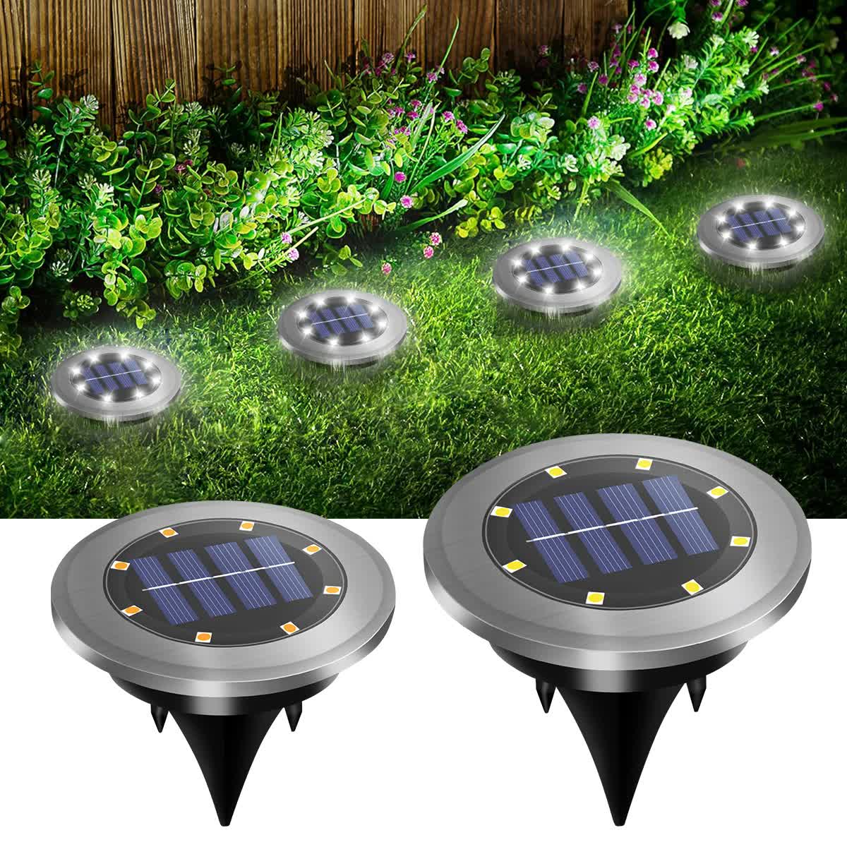 4-Pack Classic Large 8 LED Solar In-Ground White Light Set (12 x 12 x 13 cm) - Stainless Steel Waterproof Garden Spike Lamps for Lawn & Pathway