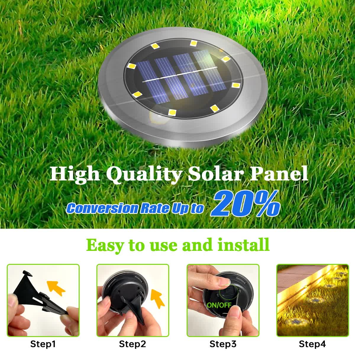4-Pack Classic Large 8 LED Solar In-Ground White Light Set (12 x 12 x 13 cm) - Stainless Steel Waterproof Garden Spike Lamps for Lawn & Pathway