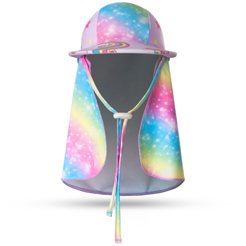 2-Pack Girls' Sun Protection Swim Cap Set - Cute Cartoon Rainbow Horse Pattern, Quick Dry Nylon Swimming & Wading Hat