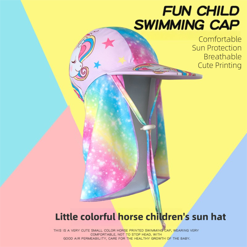2-Pack Girls' Sun Protection Swim Cap Set - Cute Cartoon Rainbow Horse Pattern, Quick Dry Nylon Swimming & Wading Hat