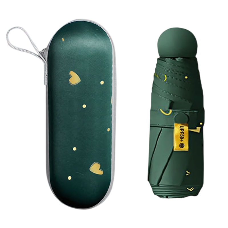 2-Pack Green Ultra-Compact 5-Fold Waterproof All-Weather Umbrella for Women - Heart Pattern, Black Glue UV Protection, 8-Rib Frame, Portable Capsule Parasol