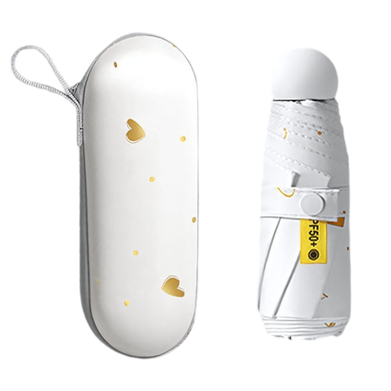 2-Pack White Ultra-Compact 5-Fold Waterproof All-Weather Umbrella for Women - Heart Pattern, Black Glue UV Protection, 8-Rib Frame, Portable Capsule Parasol