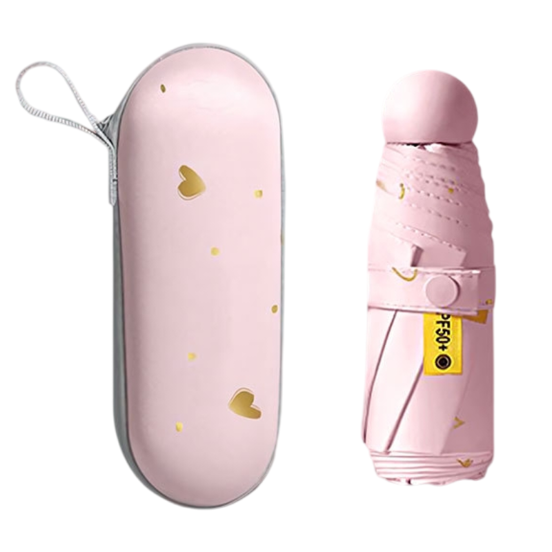2-Pack Pink Ultra-Compact 5-Fold Waterproof All-Weather Umbrella for Women - Heart Pattern, Black Glue UV Protection, 8-Rib Frame, Portable Capsule Parasol