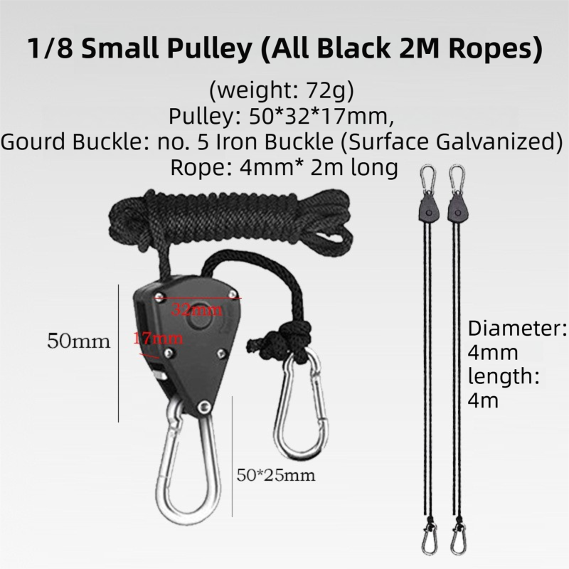 4-Pack 2M Heavy Duty Grow Light Hanger Rope Ratchet - All Black Adjustable Aluminum Pulley System - 50KG+ Load, Auto-Lock Anti-Slip for Tent & Hydroponics