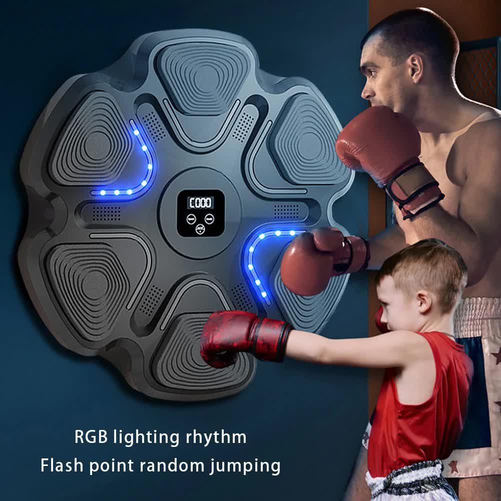 Black 6-Target Sensor Smart Bluetooth Music Boxing Kit with Parent-Child Gloves - Electronic Wall Punch Pad, Drill-Free & Detachable, Screen Counter, USB Rechargeable