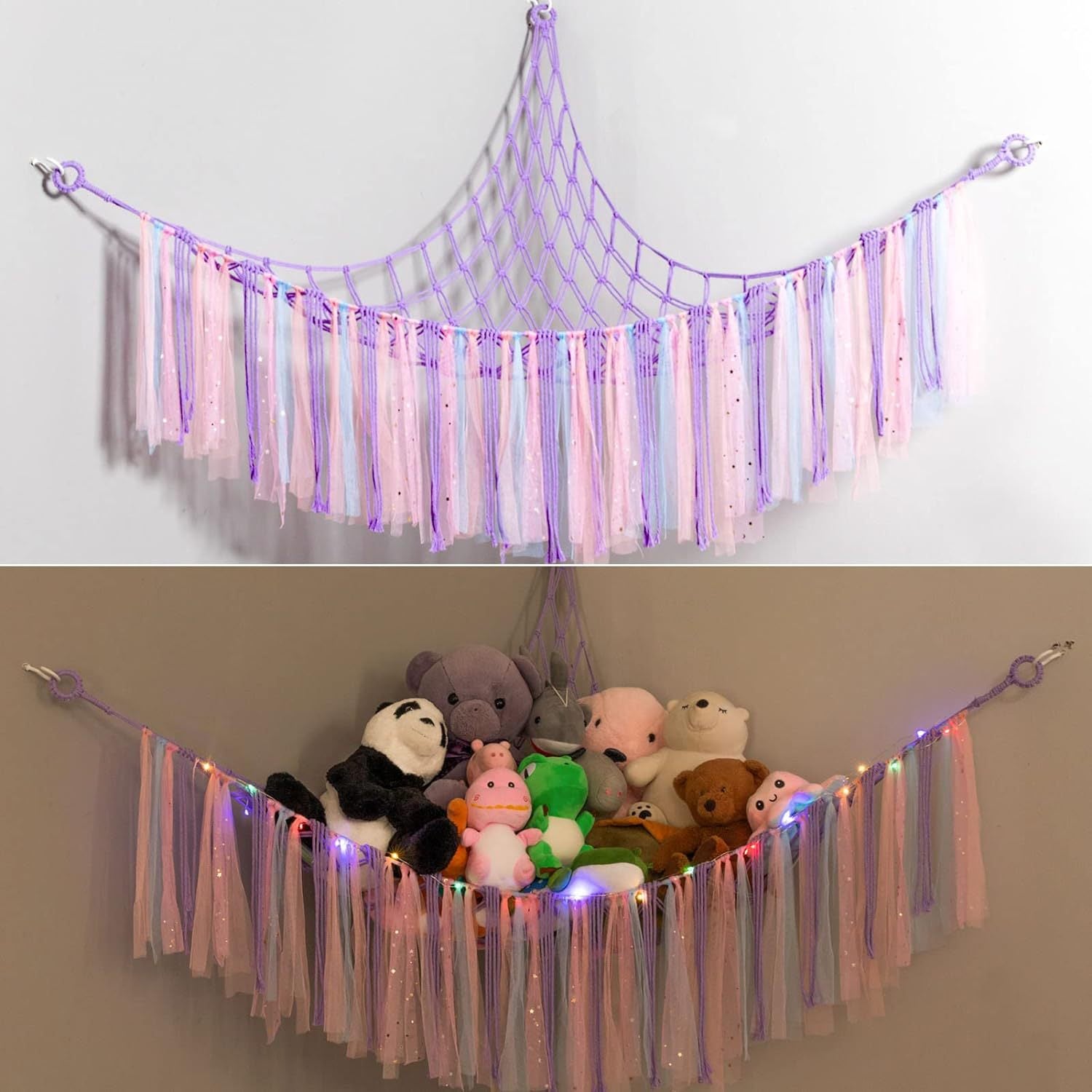 Purple Corner Plush Toy Organizer (100x100x150cm) with Ribbon Accent & Installation Kit - Handwoven Cotton Mesh Toy Storage Hammock