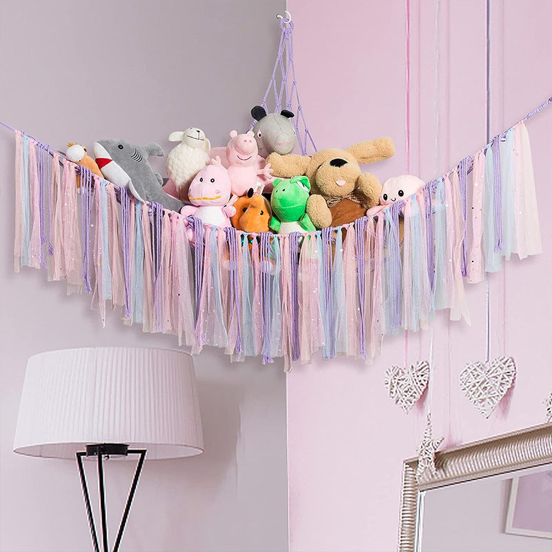 Purple Corner Plush Toy Organizer (100x100x150cm) with Ribbon Accent & Installation Kit - Handwoven Cotton Mesh Toy Storage Hammock