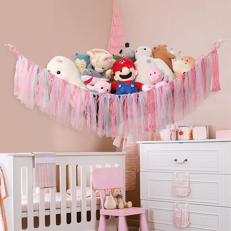 Pink Corner Plush Toy Organizer (100x100x150cm) with Ribbon Accent & Installation Kit - Handwoven Cotton Mesh Toy Storage Hammock