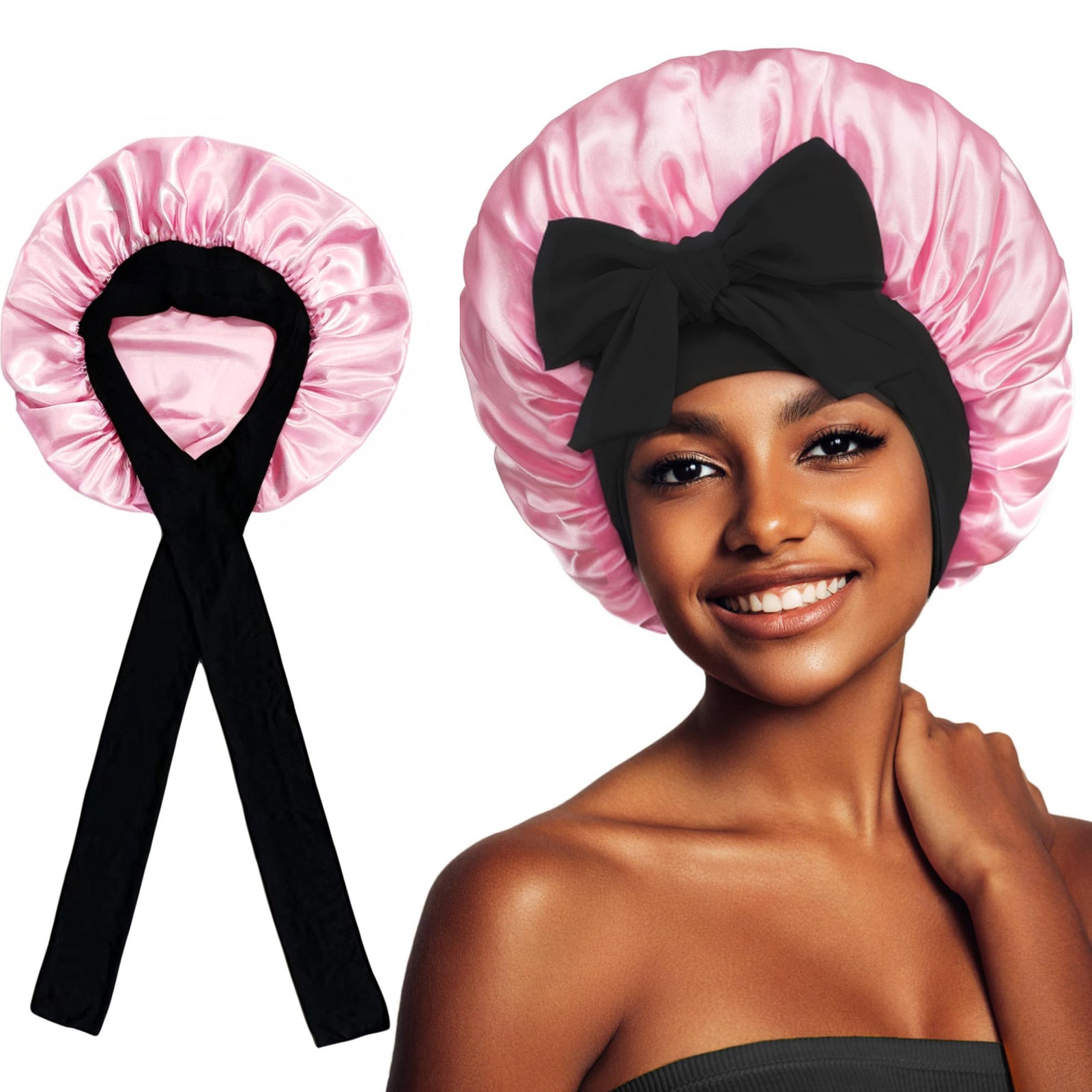 2-Pack Black Satin Bonnet with Wide Band and Bow Tie - Hair Care Sleep Cap and Turban for Women
