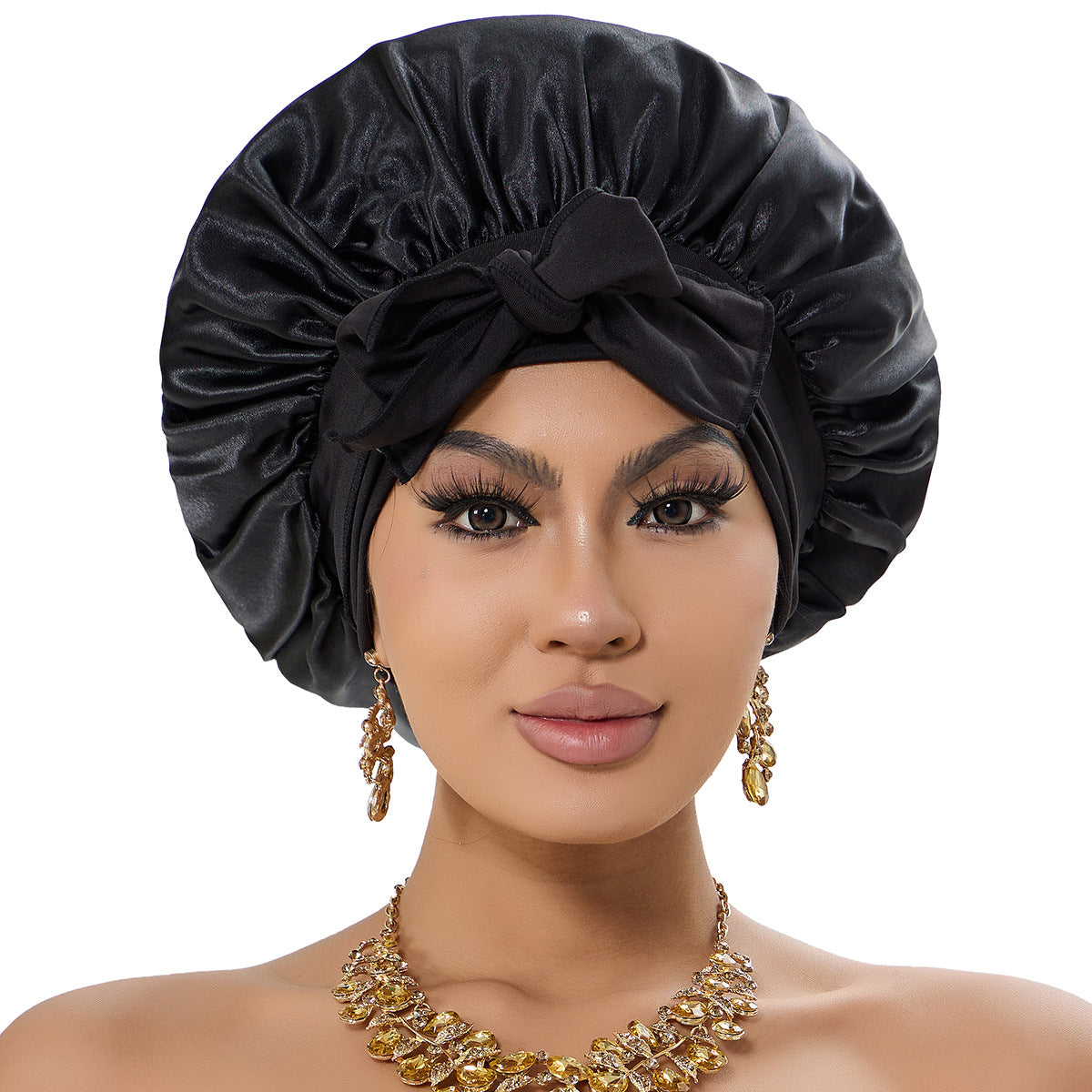 2-Pack Black Satin Bonnet with Wide Band and Bow Tie - Hair Care Sleep Cap and Turban for Women