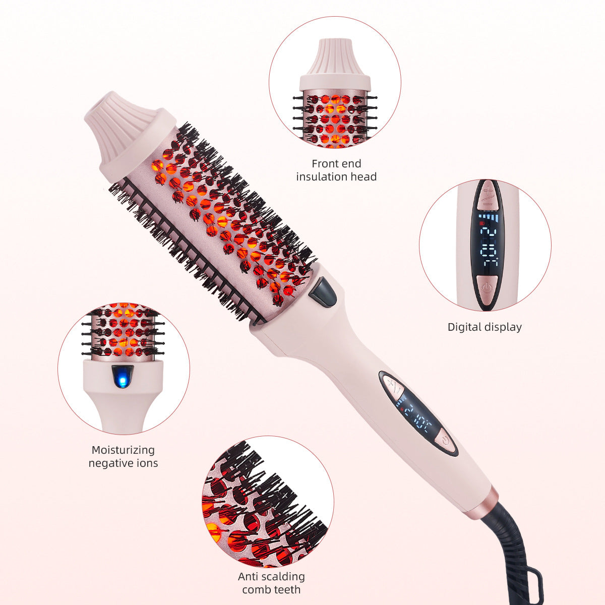 2-in-1 Pink Volumizing Hair Straightening Brush & Curling Iron - Tourmaline Ceramic Heating, With 5 Adjustable Temperature Settings and Anti-Scald Shell