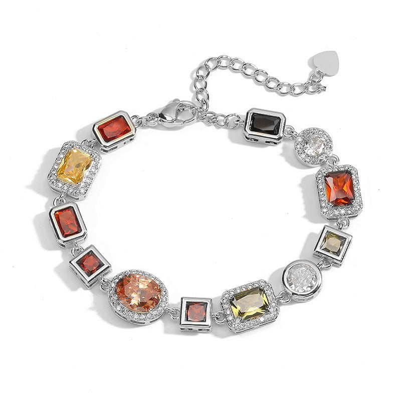 White-Gold Elegant Light Luxury Geometric Colorful Gemstone Bracelet (L: 16-21CM) - Copper Cuban Chain Cuff