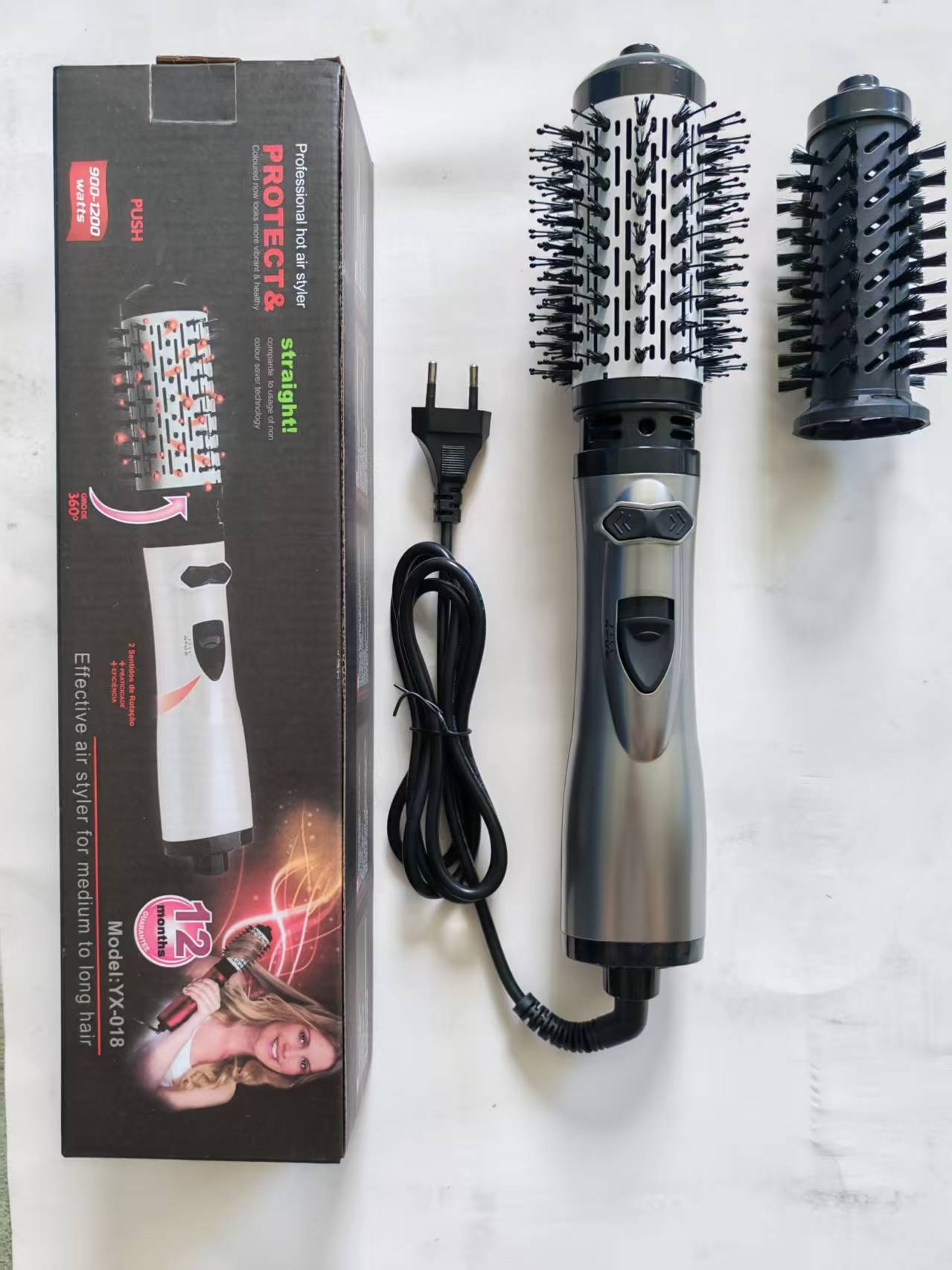 2-in-1 Grey Automatic Rotating Hot Air Styler(38/50mm Curling Barrel) - Multifunctional Hair Dryer Brush, Straightener & Curler with 3 Heat Settings and 360° Bi-directional Rotation