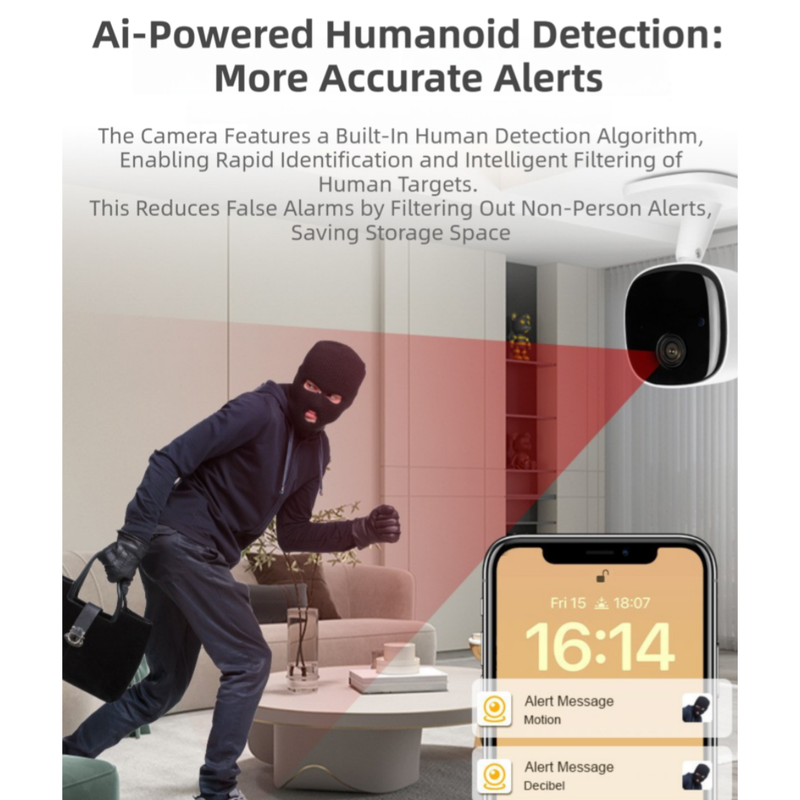 Wireless WiFi Security Camera(5.4x5.4x9CM) - 1080P HD Infrared Night Vision Indoor/Outdoor Surveillance, Phone Remote View, and Two-Way Audio & AI Human Detection Alarm