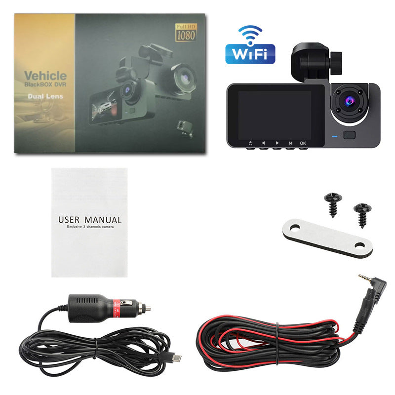 1080P 3 Million Pixels Dual-Lens Car Dash Camera with WiFi - 170° Wide Angle Coverage, 2.7-Inch Display Screen & Reversing Aid
