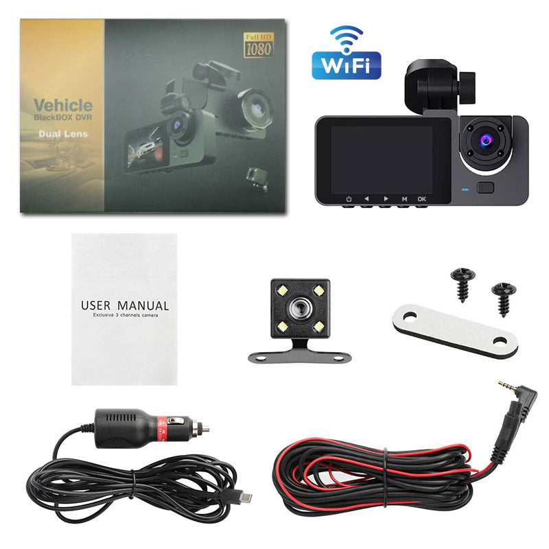 1080P 3 Million Pixels Triple-Lens Car Dash Camera with WiFi - 170° Wide Angle Coverage, 2.7-Inch Display Screen & Reversing Aid