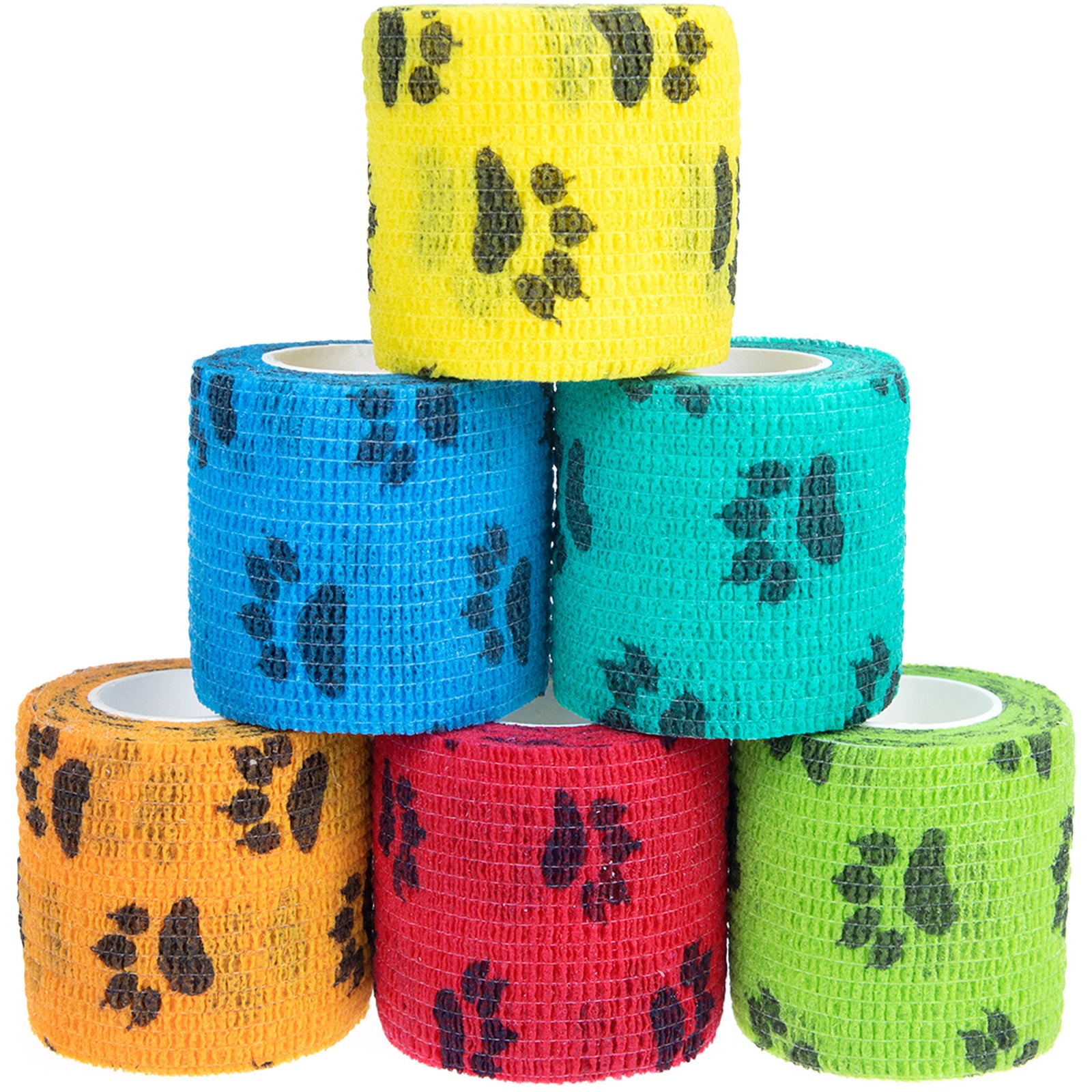 Pet Medical Therapy Self Adhesive Bandage Set(12 Volumes:7.5CM*4.5M) - Elastic Cute First Aid for Dogs and Cats & Humans, 12 Paw Colors