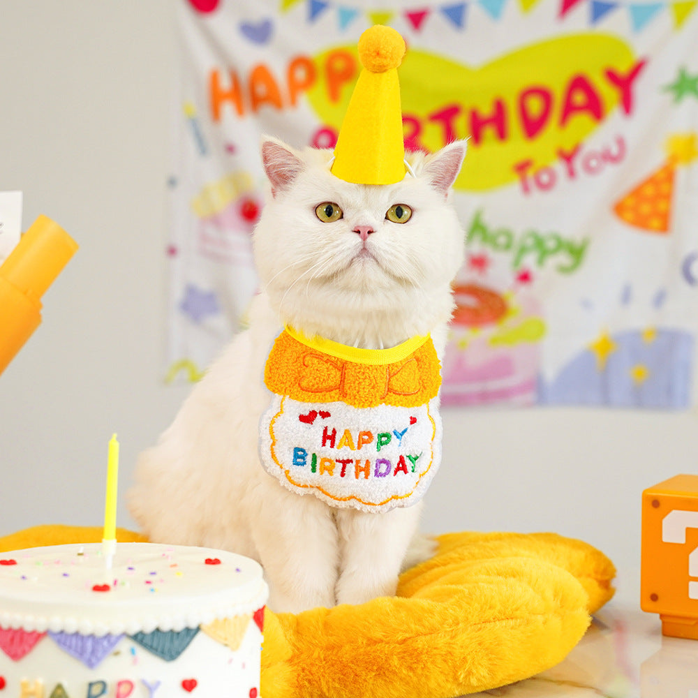 4-Pack Adorable Pet Dog Cat Birthday Party Hat & Bib Set(Yellow & Orange) - Embroidered Bandana Bib & Felt Party Hat, Adjustable Tie-On Dress-Up Accessories