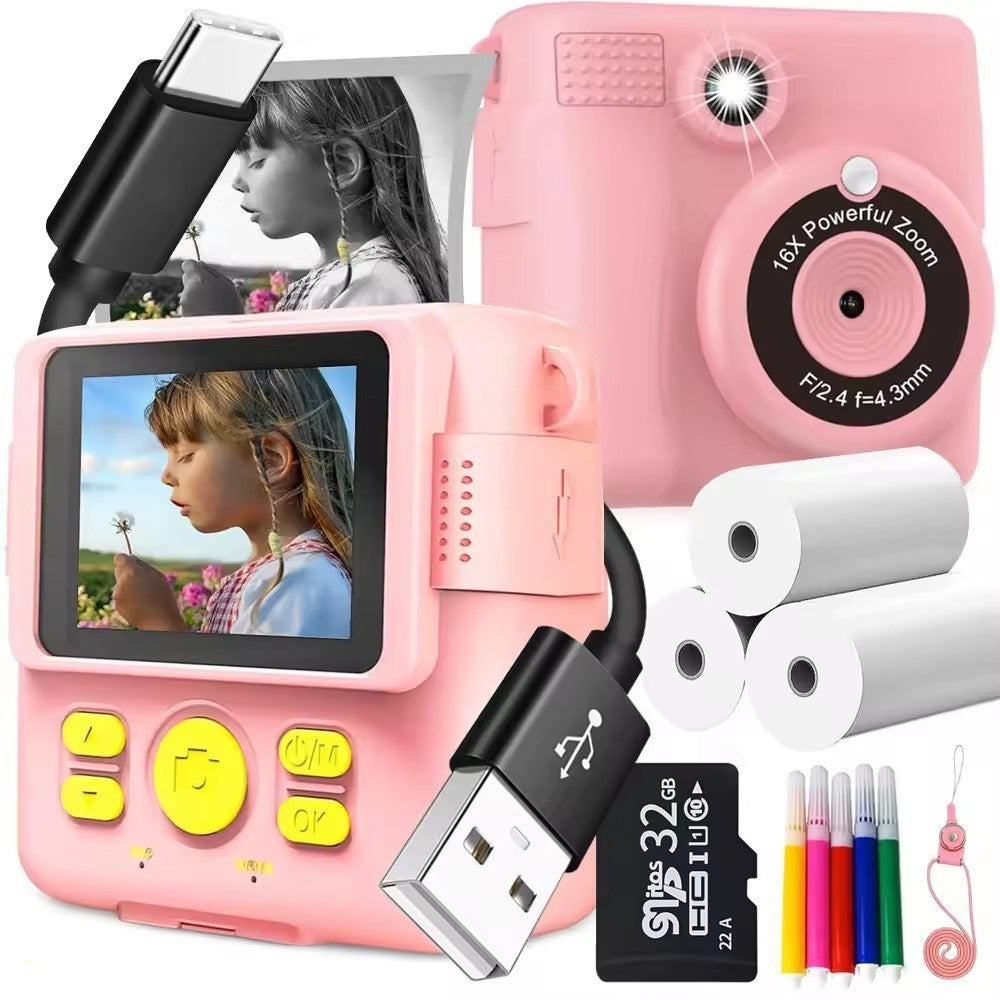 Pink ABS-681 Portable Kids Mini Digital Polaroid with 32GB Card, 3 Rolls Printing Paper & 6 Color Pens - Instant Print Thermal Photo Printer for DIY Fun