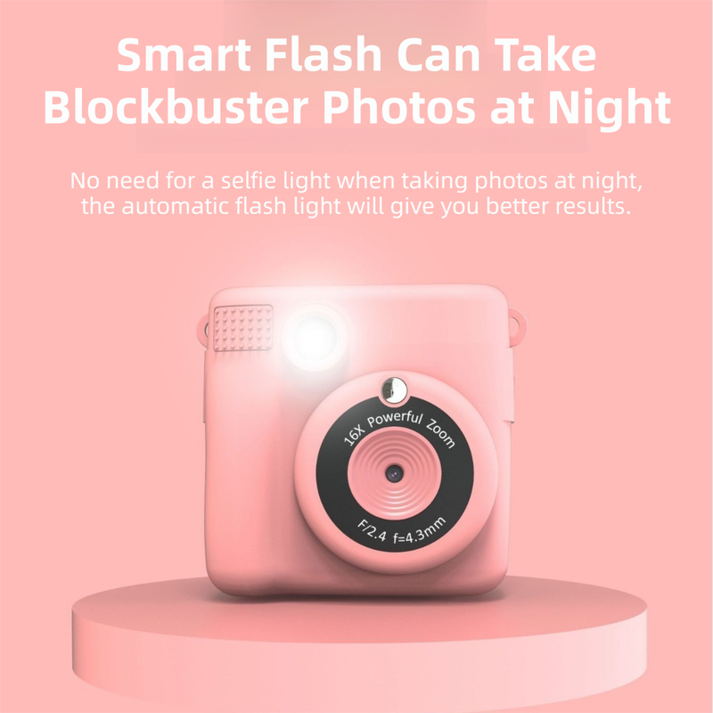 Pink ABS-681 Portable Kids Mini Digital Polaroid with 32GB Card, 3 Rolls Printing Paper & 6 Color Pens - Instant Print Thermal Photo Printer for DIY Fun